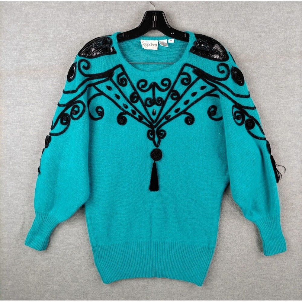 Vintage Womens Sweater M Blue Silk‎ Mohair Lambswool Wool Retroglam Cedars